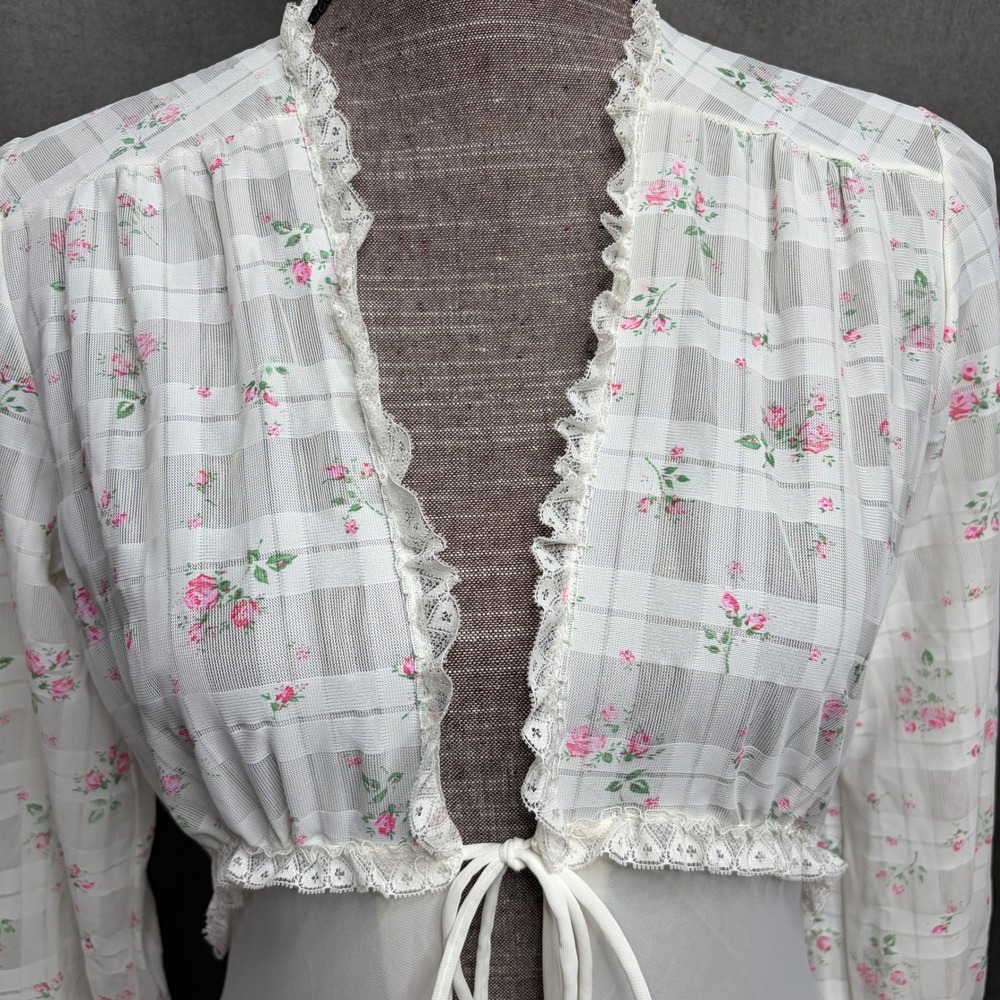 Vtg 80s Dutchess Peignoir Robe Womens 9 White Floral Lace Trim Maxi Cottagecore